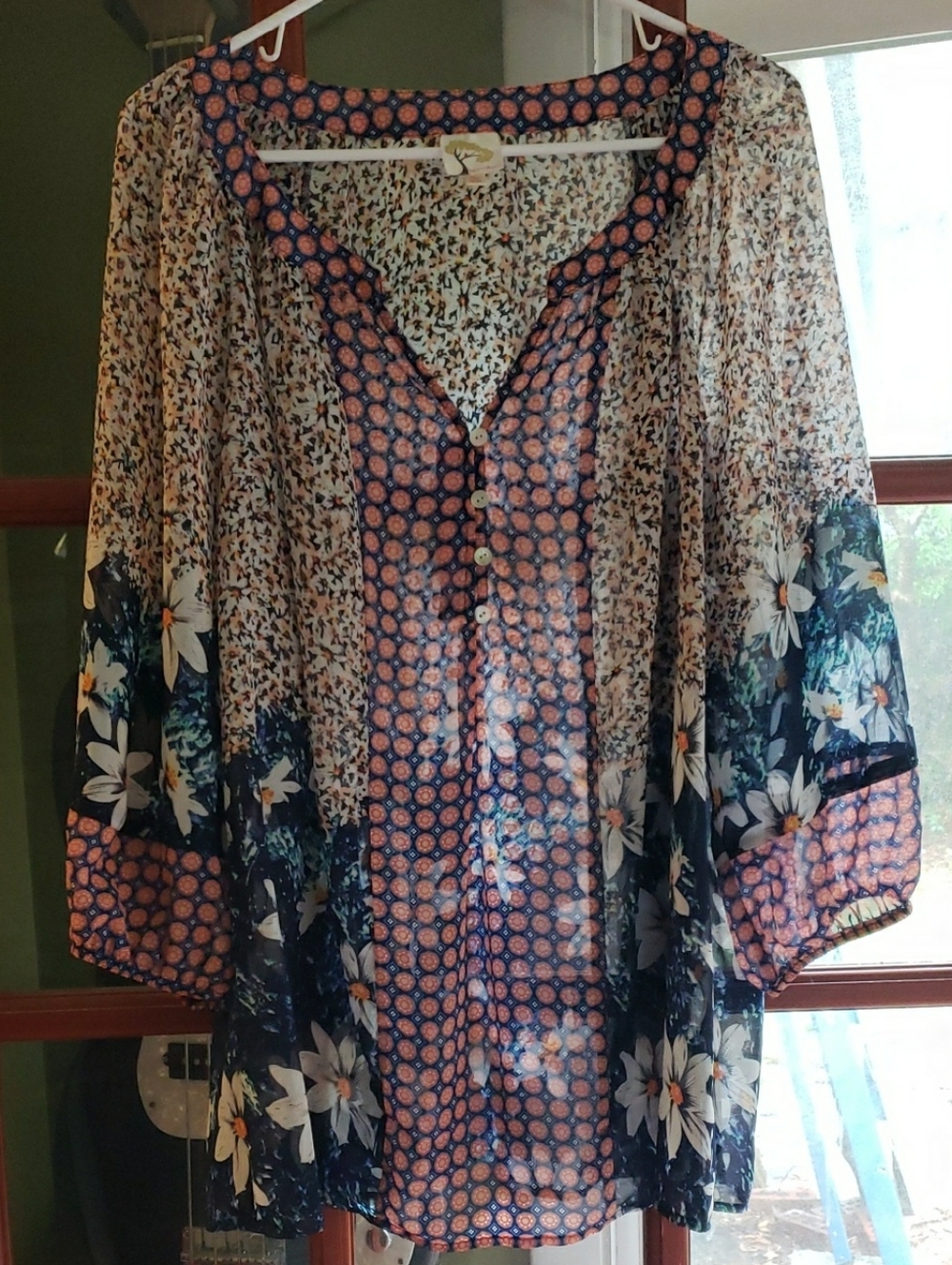 fig and flower Sheer Navy and Cream Mixed-Print Floral Tunic